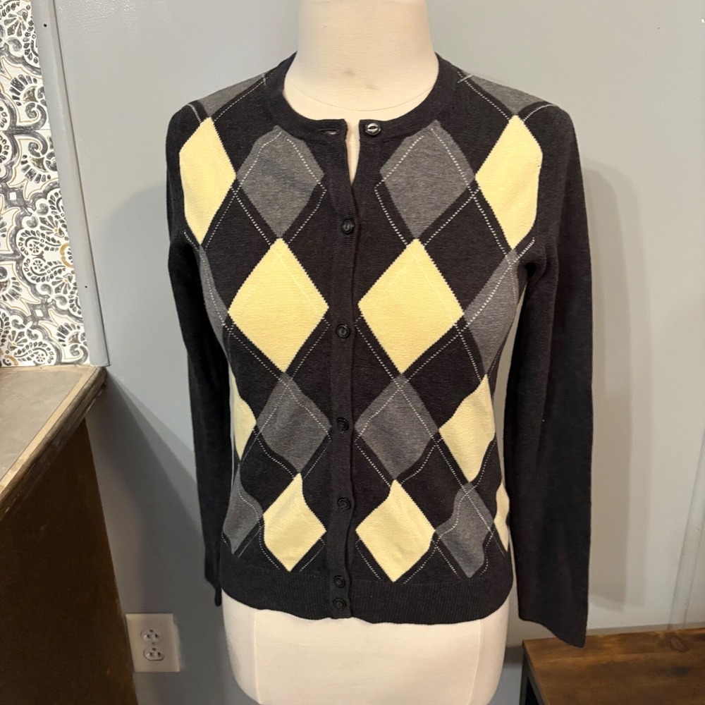 EP‎ Pro Light Yellow Gray Argyle Long Sleeve Button Down Sweater (Women's Small)